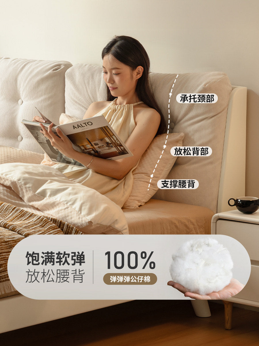实木床奶油风家具橡木双人床简约床头软包靠背白色软靠床